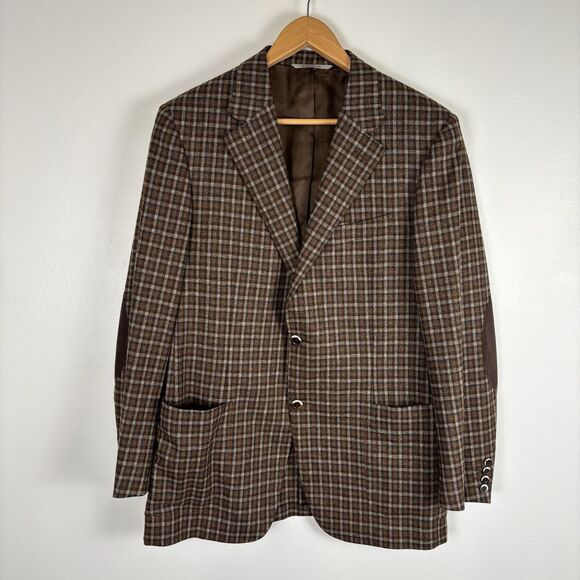 Canali Mens US 44 Brown Cashmere Wool Check Plaid Blazer Sport Coat Elbow Patch - Picture 1 of 14